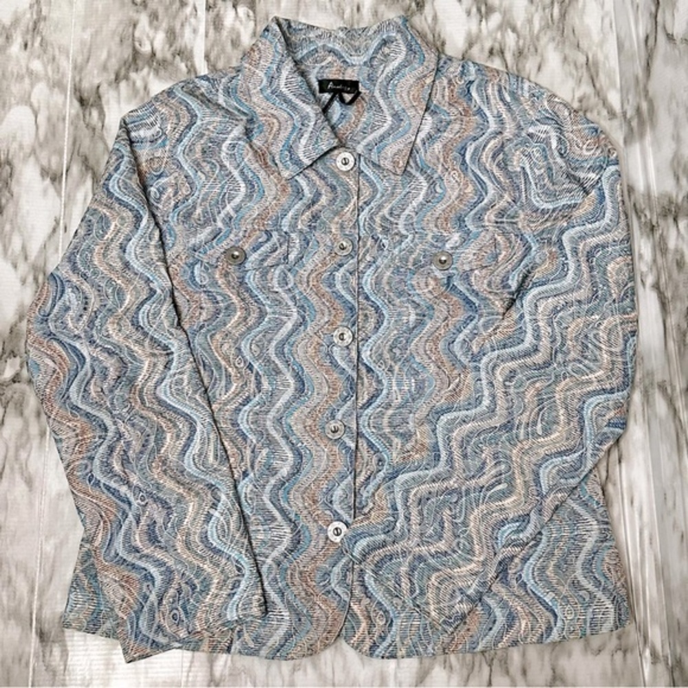 Analogy Women Size XL Button Down Light Jacket Blue Wave Boho Coastal Grandma